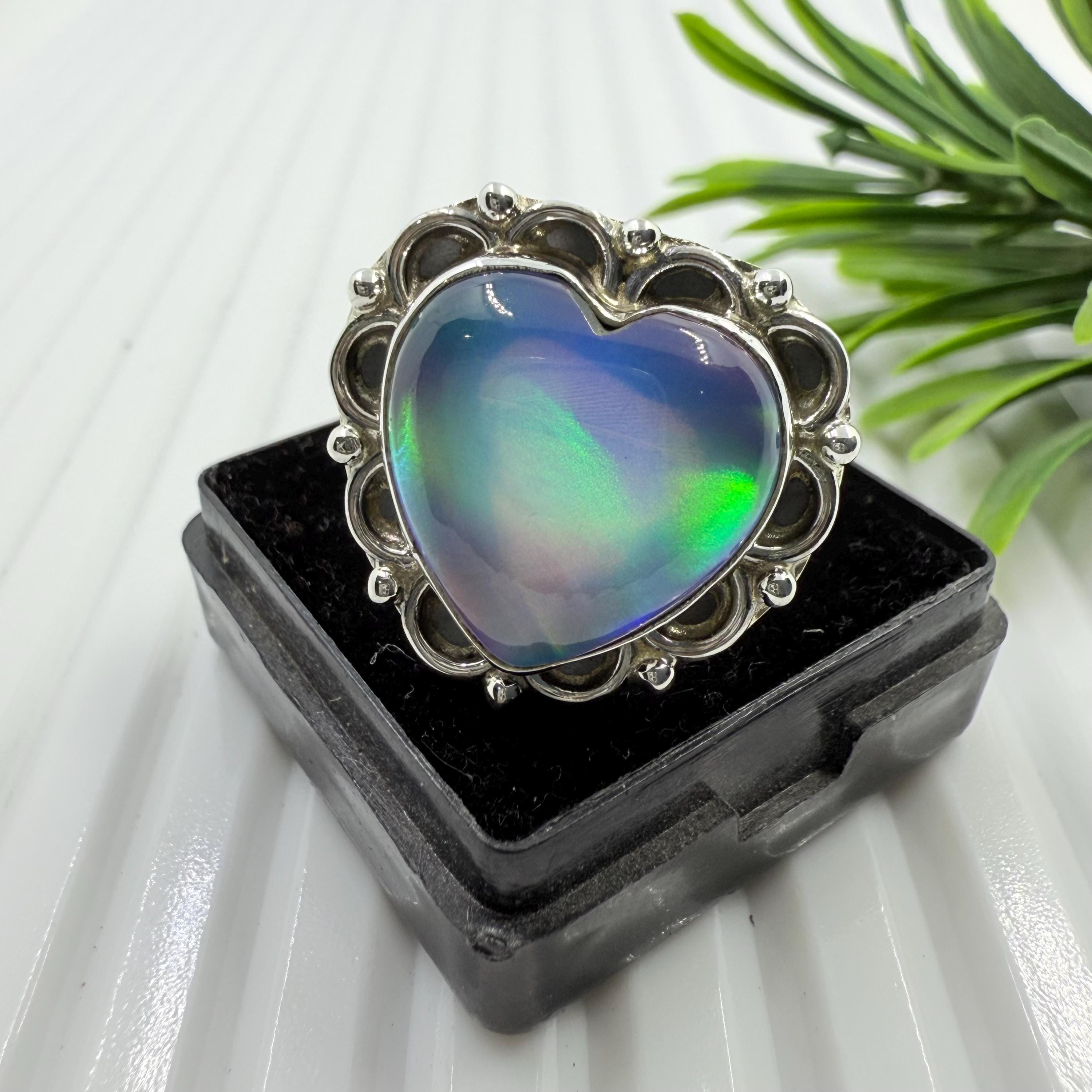 Welo Fire Aurora Opal Heart Ring~ 925 Sterling Silver Ring~ Crystal Aurora Opal Ring~ Boho Hippie Jewelry~ Gift For Wife~ Anniversary Gift