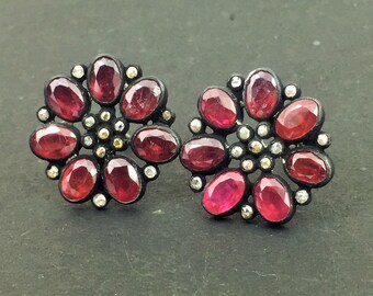 Ruby Stud Earrings| Rose Cut Diamond Jewelry| Sterling Silver Black Oxidized Stud Earring| Daily Jewelry| Gift For Her