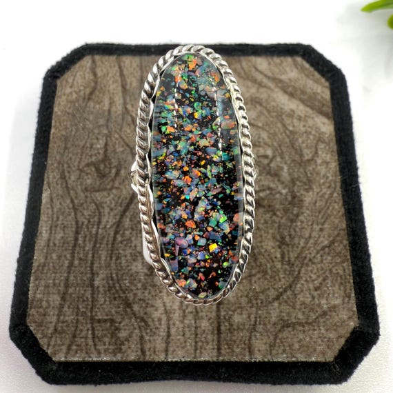 マトリックスオパールリング、925スターリングシルバーリング、ラボで