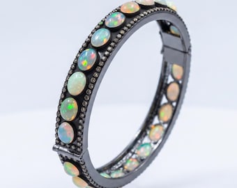 Natural Welo Fire Opal Bangle | Black Oxidized 925  Sterling Silver, Rose Cut Diamond Accents Tennis Jewelry For Women