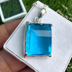 Collar rectangular de plata con topacio azul, joyería bohemia hippie, colgante de plata de ley 925, regalo de boda.