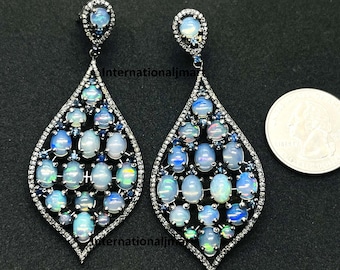 Opal Sapphire Earrings Pave Diamond Opal Jewelry 925 Sterling Silver Handmade Jewelry Sapphire Women Drop Dangle Earrings Gift For Her