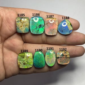 Puede incluir: Siete cabujones de ópalo, cada uno con un patrón único de color e inclusiones. Los ópalos están etiquetados con los números 1185 a 1192.