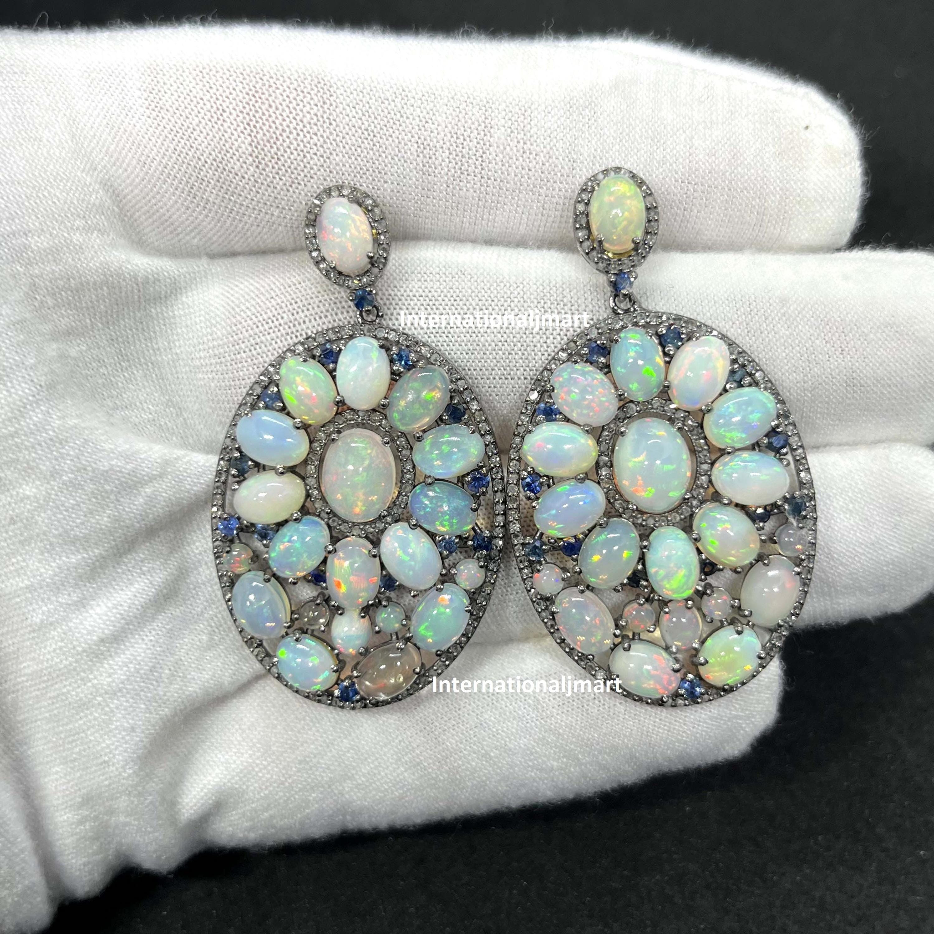 Opal Blue Sapphire Dangle Earrings: Sterling Silver Gemstone Jewelry