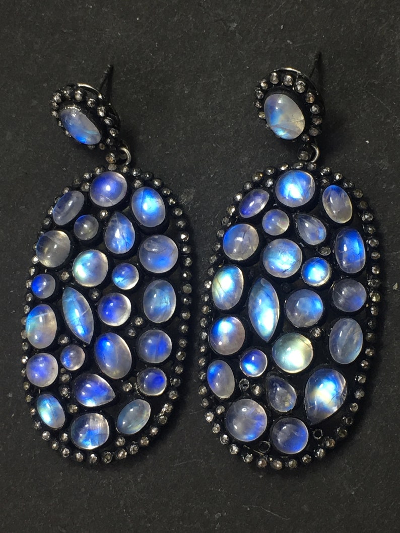 925 Solid Silver Black Rhodium Plated Rose Cut Diamond Studded /& Rainbow Moonstone Handmade Victorian Beauty Earrings Jewelry
