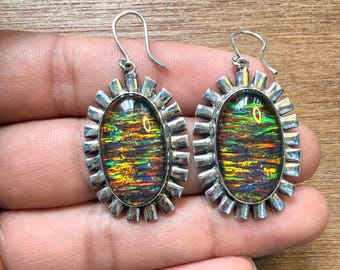 Black Opal Earrings, 925 Silver Hoop Earrings, Fire opal Handmade Jewelry, Birthday Gift For Wife