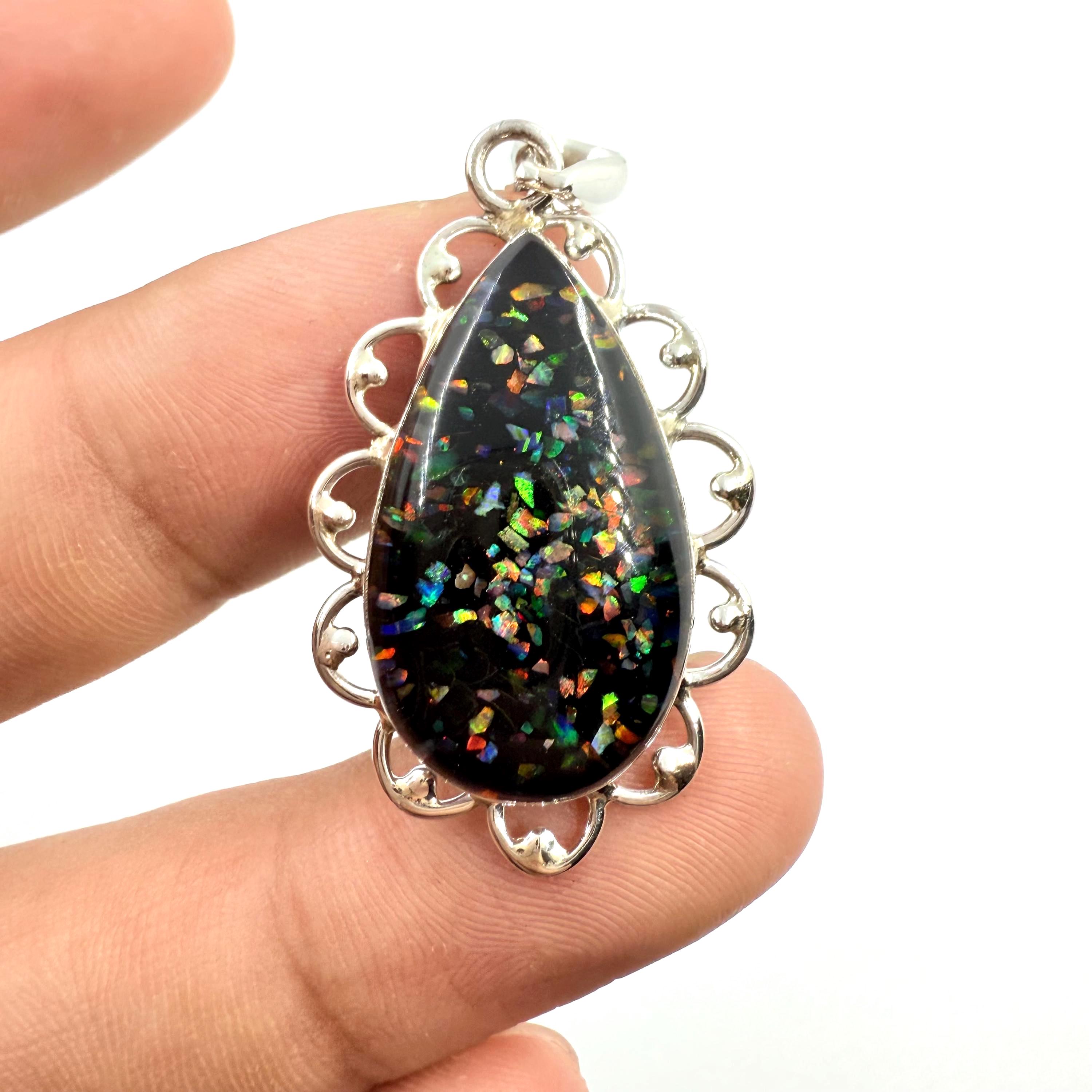 925スターリングシルバーブラックオパールペンダント、ドットオパール