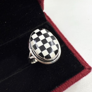 Checkerboard Silver Ring - Handmade 925 Silver Jewelry - Onyx Checkered Ring - Promise Ring - Vintage Ring - Gift for Her