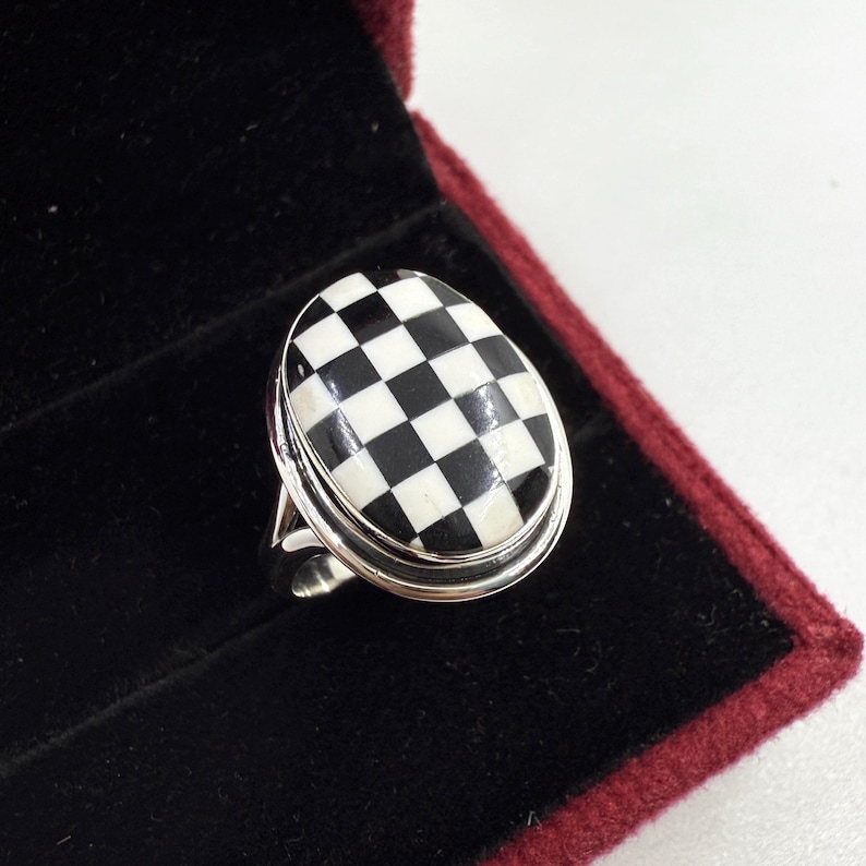Checkerboard Silver Ring - Handmade 925 Silver Jewelry - Onyx Checkered Ring - Promise Ring - Vintage Ring - Gift for Her