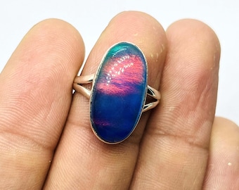 Aurora Opal Ring - 925 Sterling Silber - Minimalistischer handgemachter Schmuck - Geschenk für sie Labrador Opal Ring
