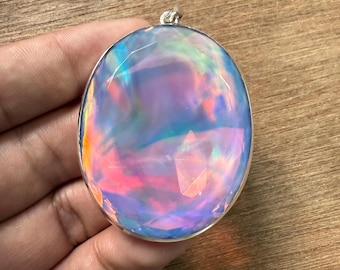 925 Sterling Silver Pendant, Big Rainbow Aurora Opal Necklace, Miniamlist Handmade Jewelry, Faceted  Opal Pendant, Birthday Gift For Her
