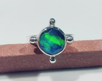 Rainbow Fire Aurora Opal Ring- 925 Solid Sterling Silver Band- Crystal Opal Doublet Jewelry- Gift For Her Wife