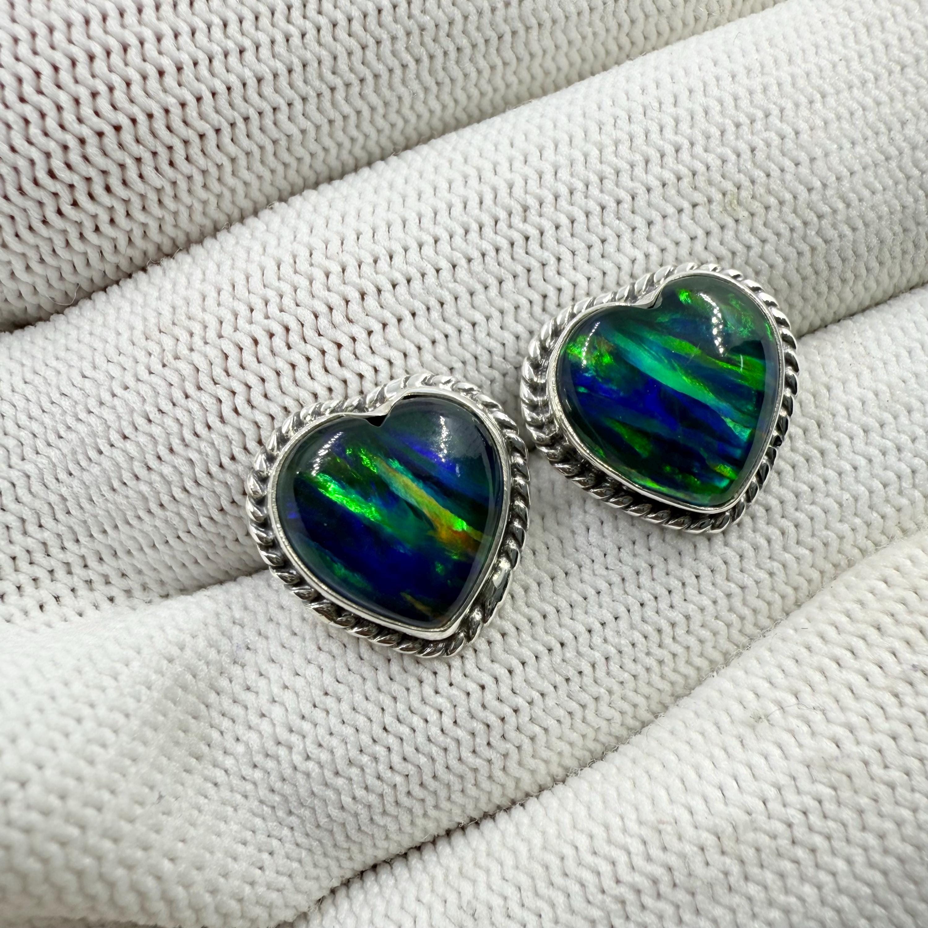 925 Solid Sterling Silver Stud Earrings, Heart Gilson Opal