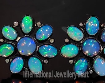 Oxidized Sterling Silver Opal Stud Earrings: Pave Diamond Halo