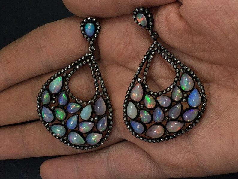 Ethiopian Opal AAA Welo Fire Earrings Handmade Diamonds Jewelry 925 Solid Sterling Silver With Black Rhodium Wedding Jewelry.