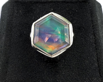 Aurora Opal Faceted Silver Ring, 925 Sterling Silver Fancy Dainty Jewelry, Handmade Opal Birthstone Ring, Crystal Opal Doublet Ring