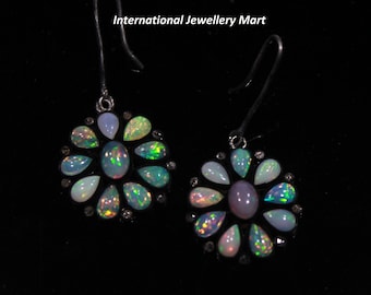 Natural Ethiopian Opal Earrings: Rose Cut Diamond, 925 Sterling Silver