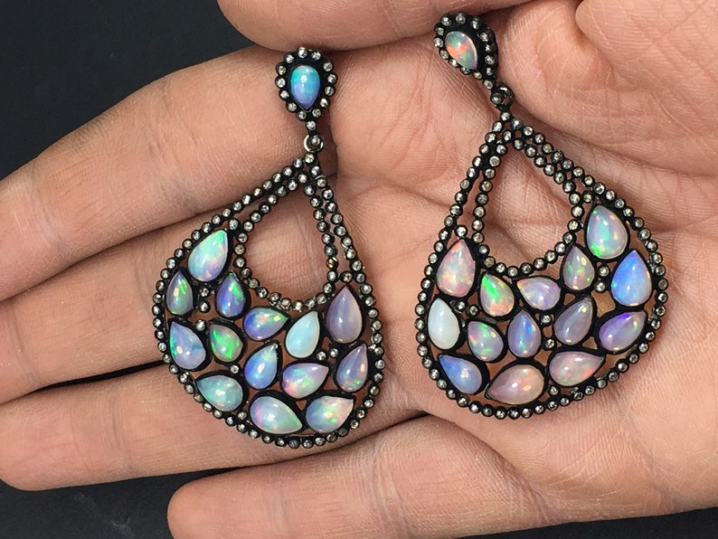 Ethiopian Opal AAA Welo Fire Earrings Handmade Diamonds Jewelry 925 Solid Sterling Silver With Black Rhodium Wedding Jewelry.