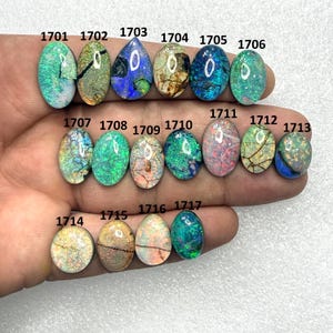 May include: A collection of oval and teardrop-shaped opals in various colors, including green, blue, and brown. Each stone has unique patterns and textures, with numbers from 1701 to 1717 visible on the image.