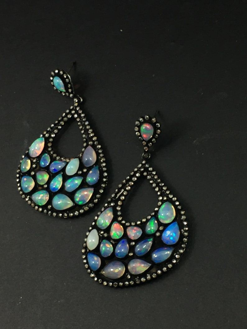Ethiopian Opal AAA Welo Fire Earrings Handmade Diamonds Jewelry 925 Solid Sterling Silver With Black Rhodium Wedding Jewelry.