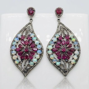 Natural AAA Opal Ruby & Diamond Drop Earrings 925 Sterling Silver Dangle Jewelry, Handmade Healing Crystal For Gift