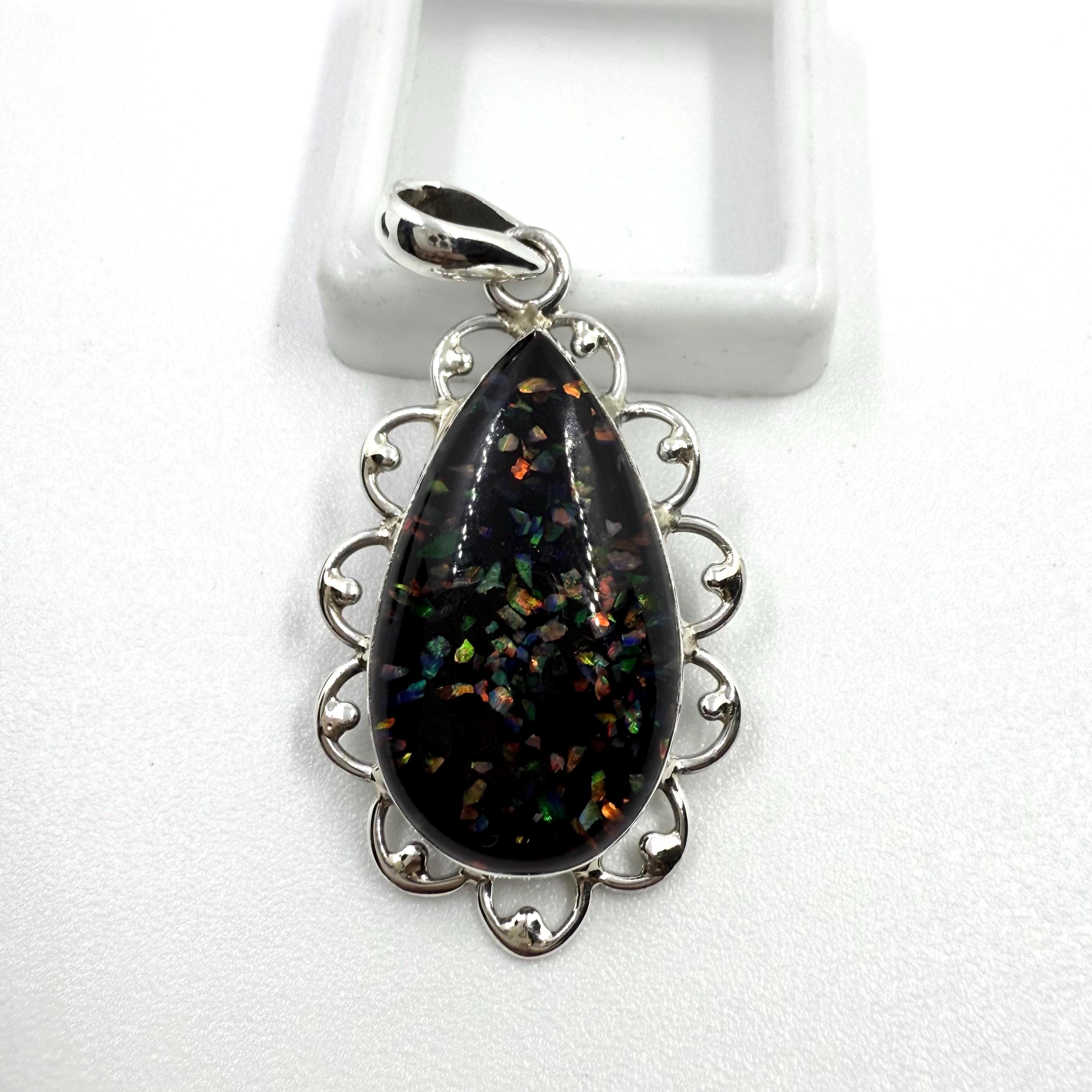 925スターリングシルバーブラックオパールペンダント、ドットオパール
