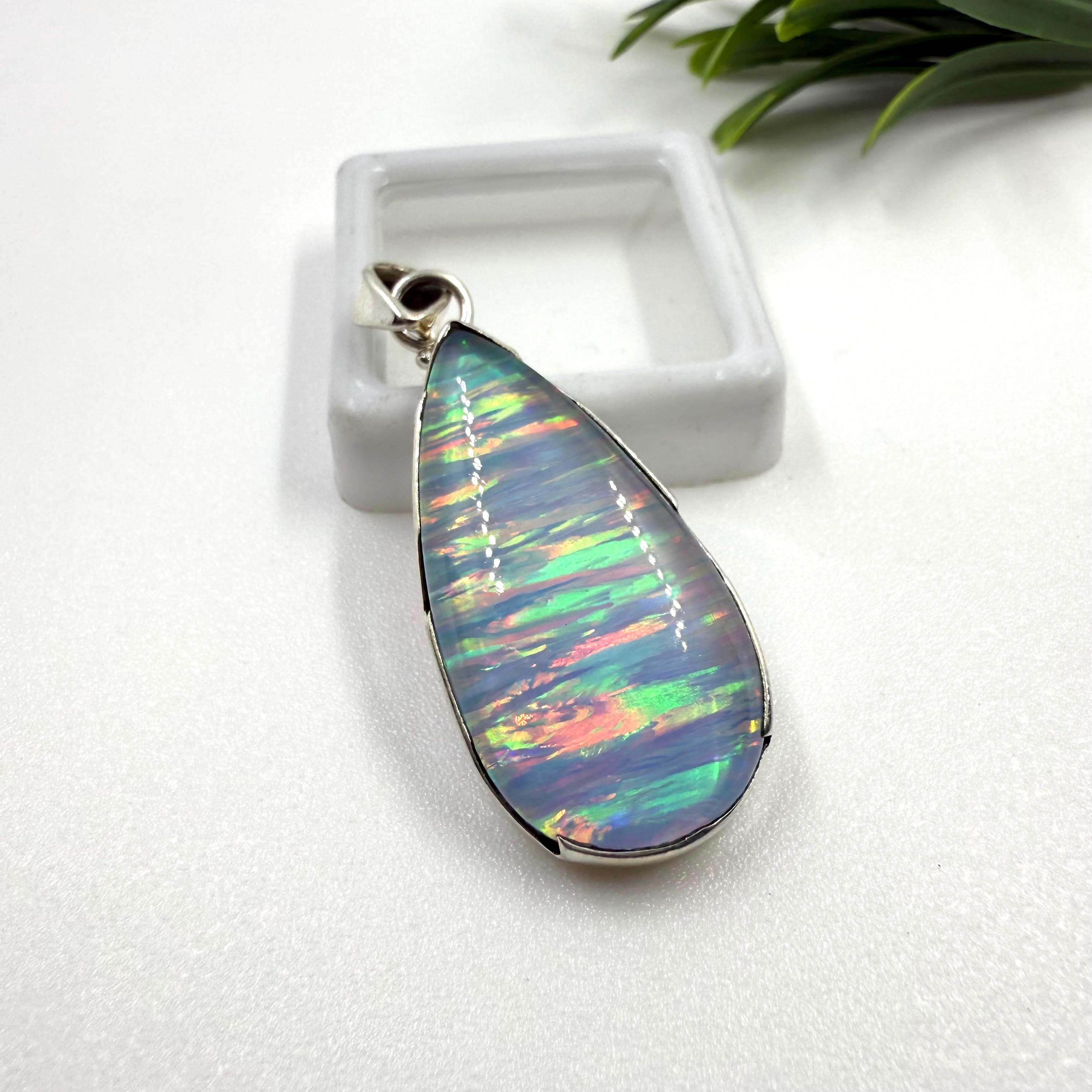 Tear Drop Gilson Aurora Opal Pendant Necklace - 925 Sterling