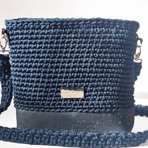 Crossbody in navy, crochet dark blue bag, macrame rope and cork leather bag, eco-friendly blue purse, vegan leather crossbody, navy purse