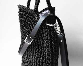 Round crocheted handbag, Black | Everyday statement handbag | Round crossbody bag | Unique handbag, adjustable shoulder strap | Circle bag