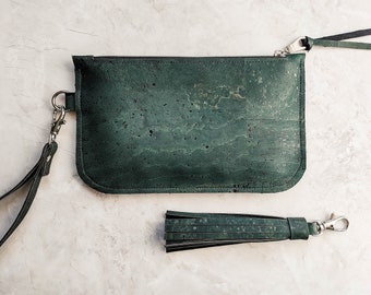 Cork leather wristlet bag | Dark emerald green clutch | Cork zip pouch | Cash + card wallet with strap | Small Forest Green clutch bag