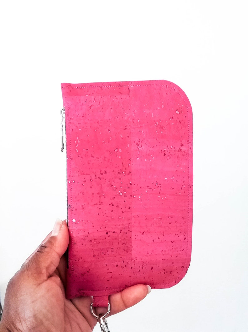 Cork leather wristlet Fuchsia cork clutch Hot pink zip pouch Cash card zip wallet with wrist strap pink eco-friendly vegan purse image 2