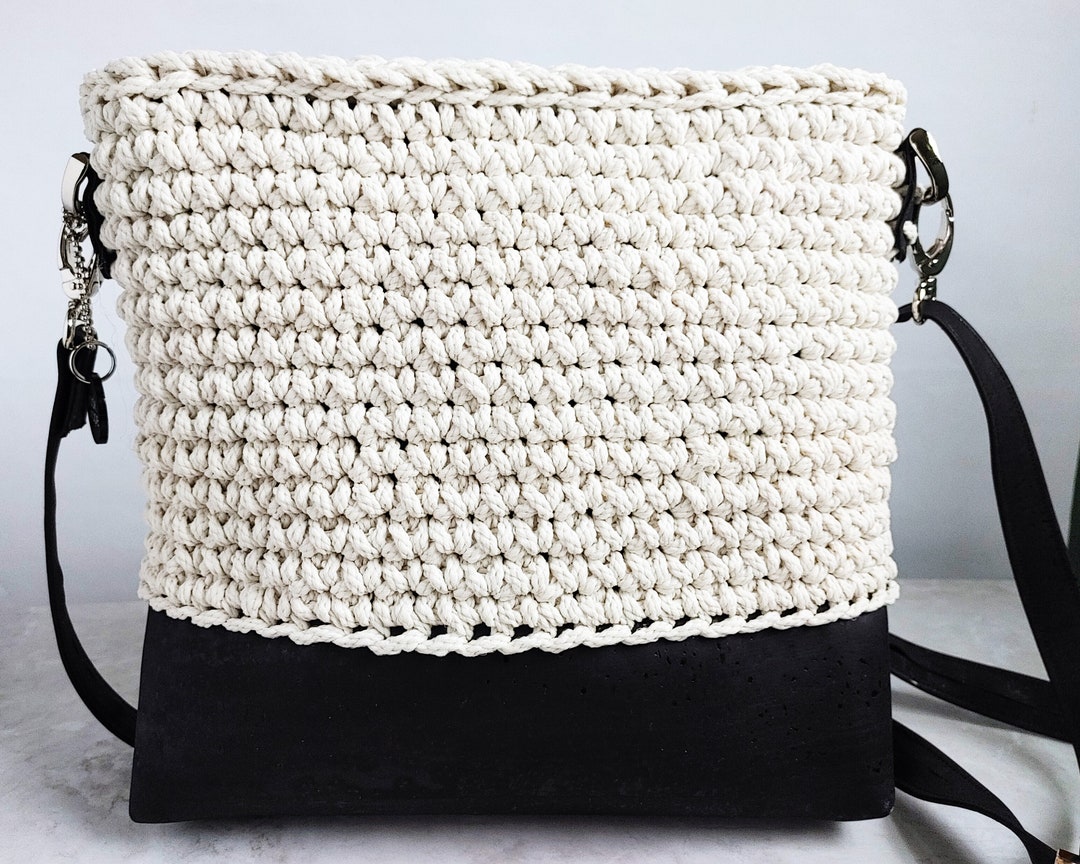 Crocheted Crossbody Bag in Black and White Lined With Interior Zip