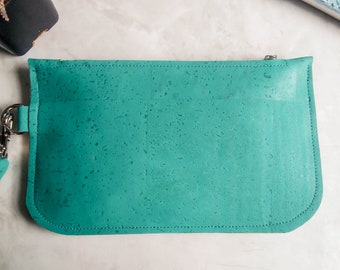 Cork leather wristlet, Aqua Blue Green | Eco-friendly clutch + matching tassel keychain | Cork zipper pouch | Cash + card wallet with strap