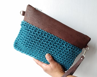 Crocheted Cork Leather Clutch: Adjustable Crossbody Shoulder Bag