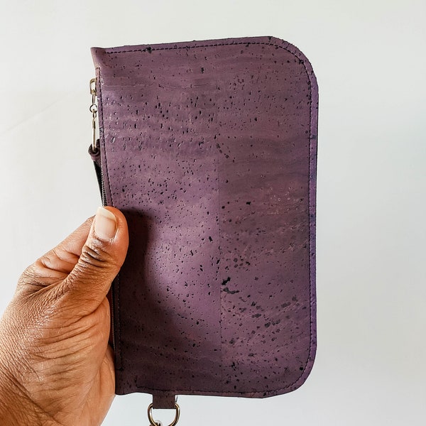 Cork leather wristlet | Deep purple cork clutch | Orchid zip pouch | Cash + card zip wallet with wrist strap | Eco-friendly, vegan clutch