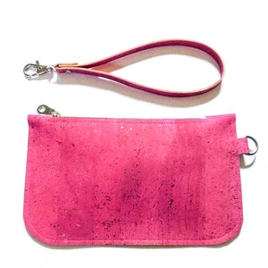 Cork leather wristlet Fuchsia cork clutch Hot pink zip pouch Cash card zip wallet with wrist strap pink eco-friendly vegan purse image 5