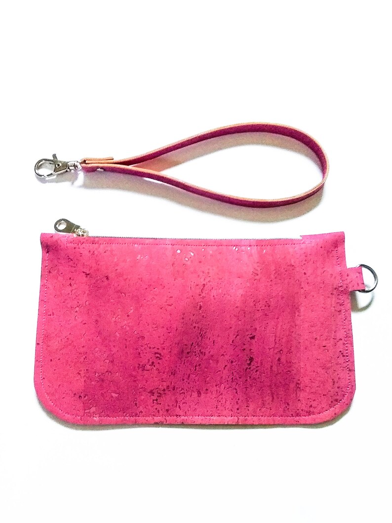 Cork leather wristlet Fuchsia cork clutch Hot pink zip pouch Cash card zip wallet with wrist strap pink eco-friendly vegan purse image 5