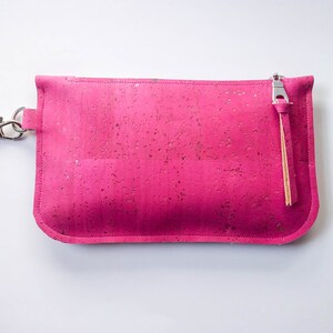 Cork leather wristlet Fuchsia cork clutch Hot pink zip pouch Cash card zip wallet with wrist strap pink eco-friendly vegan purse image 4