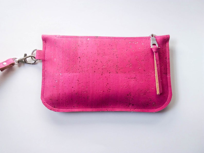 Cork leather wristlet Fuchsia cork clutch Hot pink zip pouch Cash card zip wallet with wrist strap pink eco-friendly vegan purse image 4