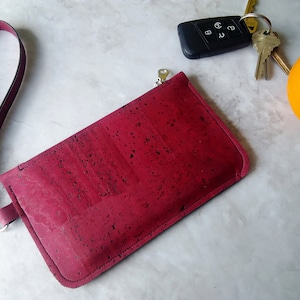 Cork leather wristlet | Small dark red clutch | Cork zip pouch | Cash + card wallet with strap | Wine red wristlet | Small burgundy purse