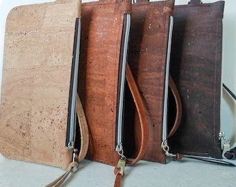 Eco-Friendly Cork Leather Wristlet: Chic Zipper Pouch with Strap