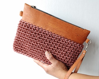 Hand Crocheted Cork Leather Bag: Adjustable Clutch Crossbody Shoulder Bag