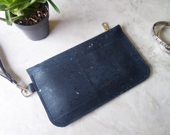 Cork leather wristlet | Small blue clutch | Cork zip pouch | Cash + card zip wallet with wrist strap | Navy blue cork wristlet | Small purse