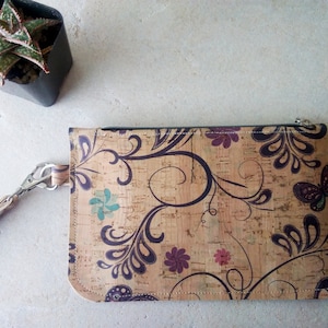 Cork leather wristlet | Small floral print clutch | Butterfly print wristlet | Cork zip pouch | Cash + card wallet with strap | Small purse