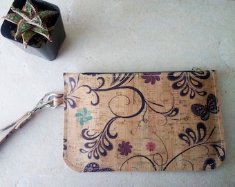 Cork leather wristlet | Small floral print clutch | Butterfly print wristlet | Cork zip pouch | Cash + card wallet with strap | Small purse