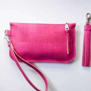 Cork leather wristlet Fuchsia cork clutch Hot pink zip pouch Cash card zip wallet with wrist strap pink eco-friendly vegan purse image 7