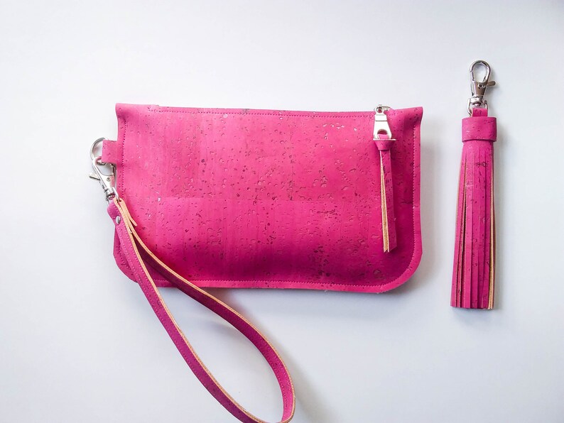 Cork leather wristlet Fuchsia cork clutch Hot pink zip pouch Cash card zip wallet with wrist strap pink eco-friendly vegan purse image 7