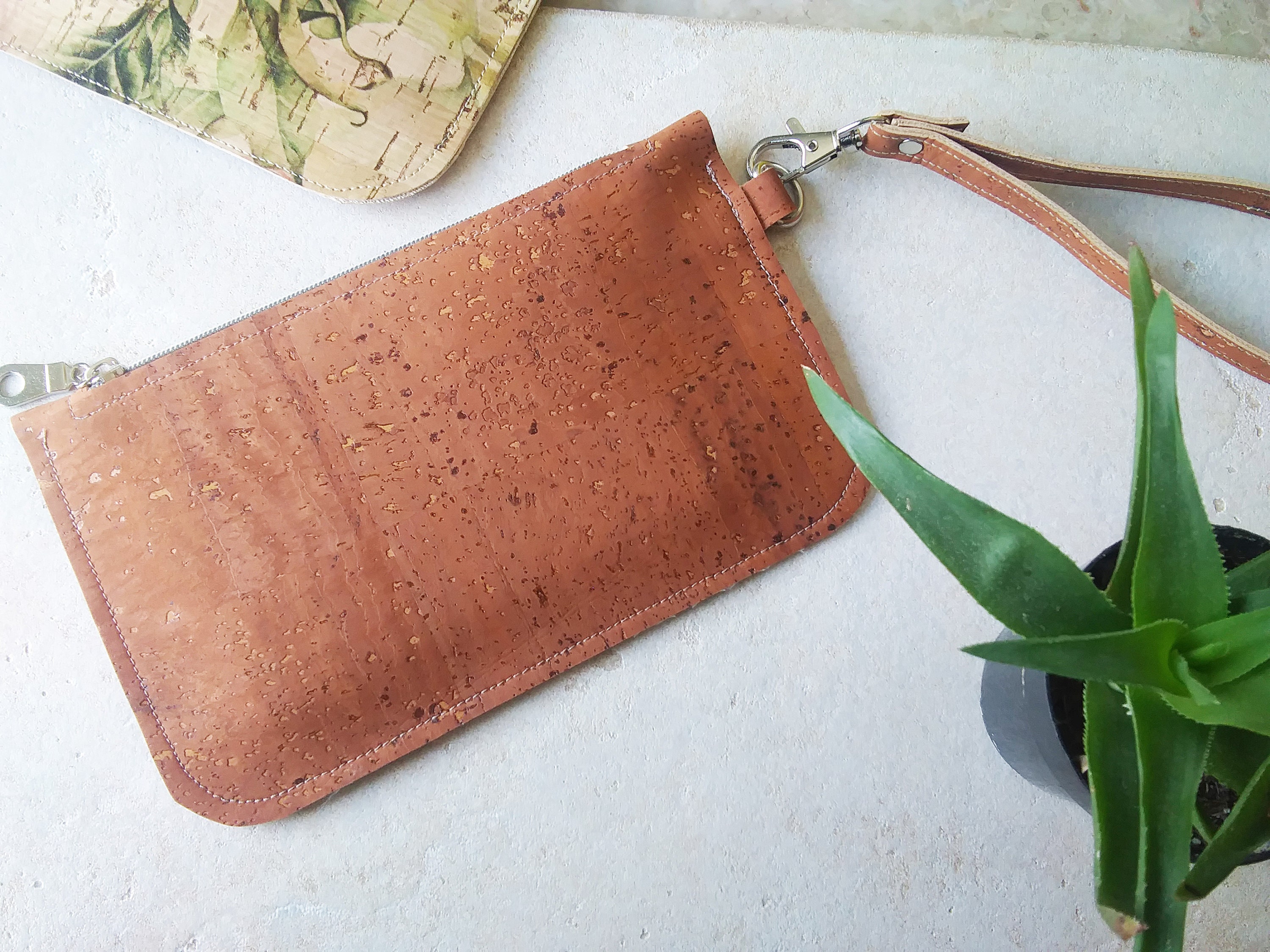 Cork leather wristlet Eco friendly cork clutch cork zipper pouch for cash card Chic wallet with strap matching keychain available Etsy