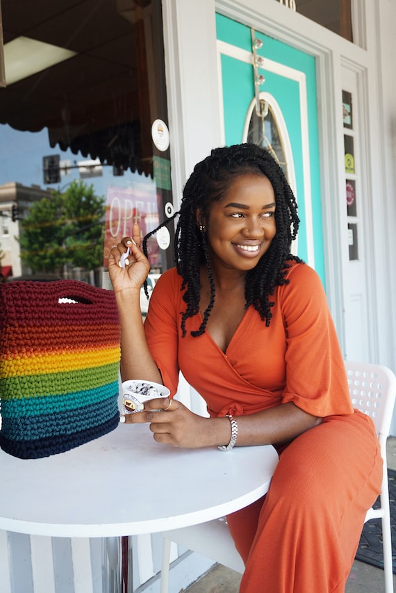 Crochet Rainbow Tote Bag: Vegan Cork Bottom, Minimalist Handbag