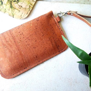 Cork leather wristlet | Small caramel brown clutch | Cork zip pouch | Cash + card zip wallet with wrist strap | Tan cork wristlet purse